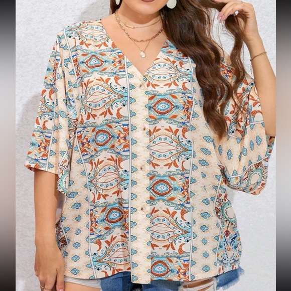 Boho Plus Size Floral Paisley Print Batwing Sleeve Top Blouse Shirt - Picture 6 of 6